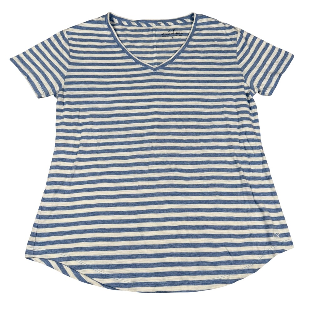 Vineyard Vines Womens Small Blue White Striped V-Neck Short Sleeve T-Shirt